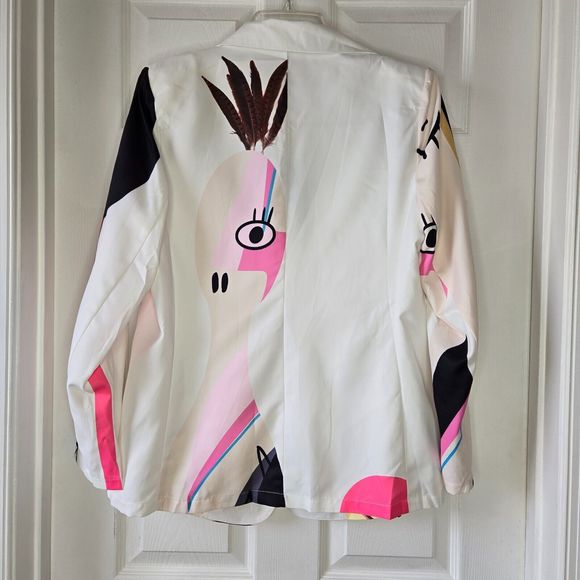 Koandaily Women's White Multi-Colored Art Graphic Blazer Jacket Sz L - Picture 4 of 10